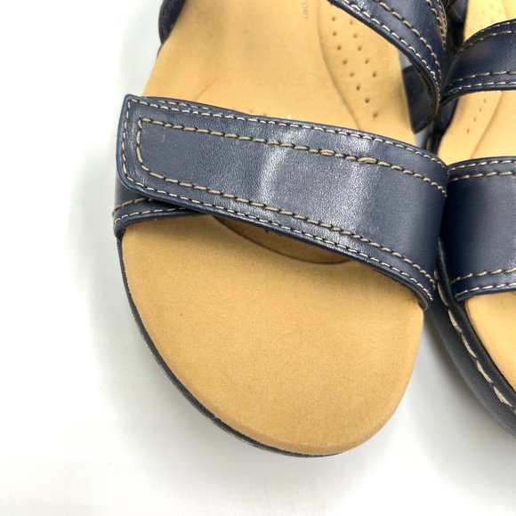 Clarks Size 11 Merliah Coral Navy Blue Leather Low Wedge Slip On Sandals Shoes - Picture 4 of 15